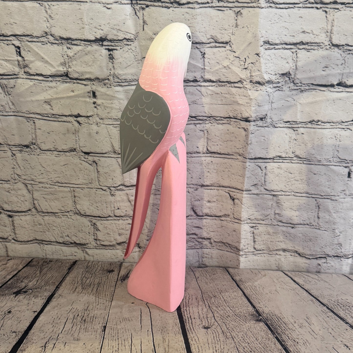 40cm Bright Pink Parrot Bird Ornament Statue Fair Trade Hand Made Carved Wood3