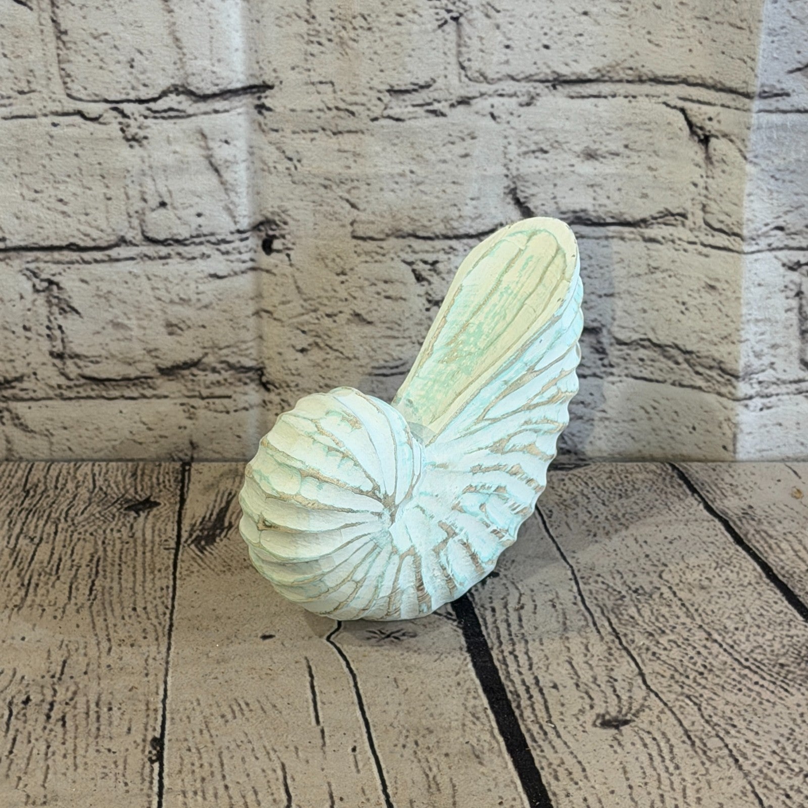 15cm Green Shabby Pastel Nautilus Shell Ornament Decor Carved Light Wood Figure0