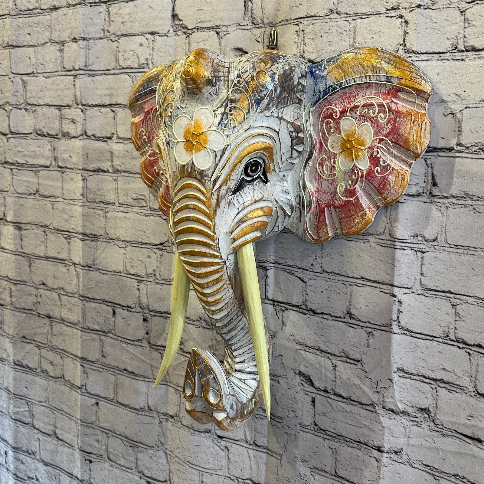 50cm x 45cm Pink Flower Painted Wood Elephant Head Wall Mounted Art Shabby1