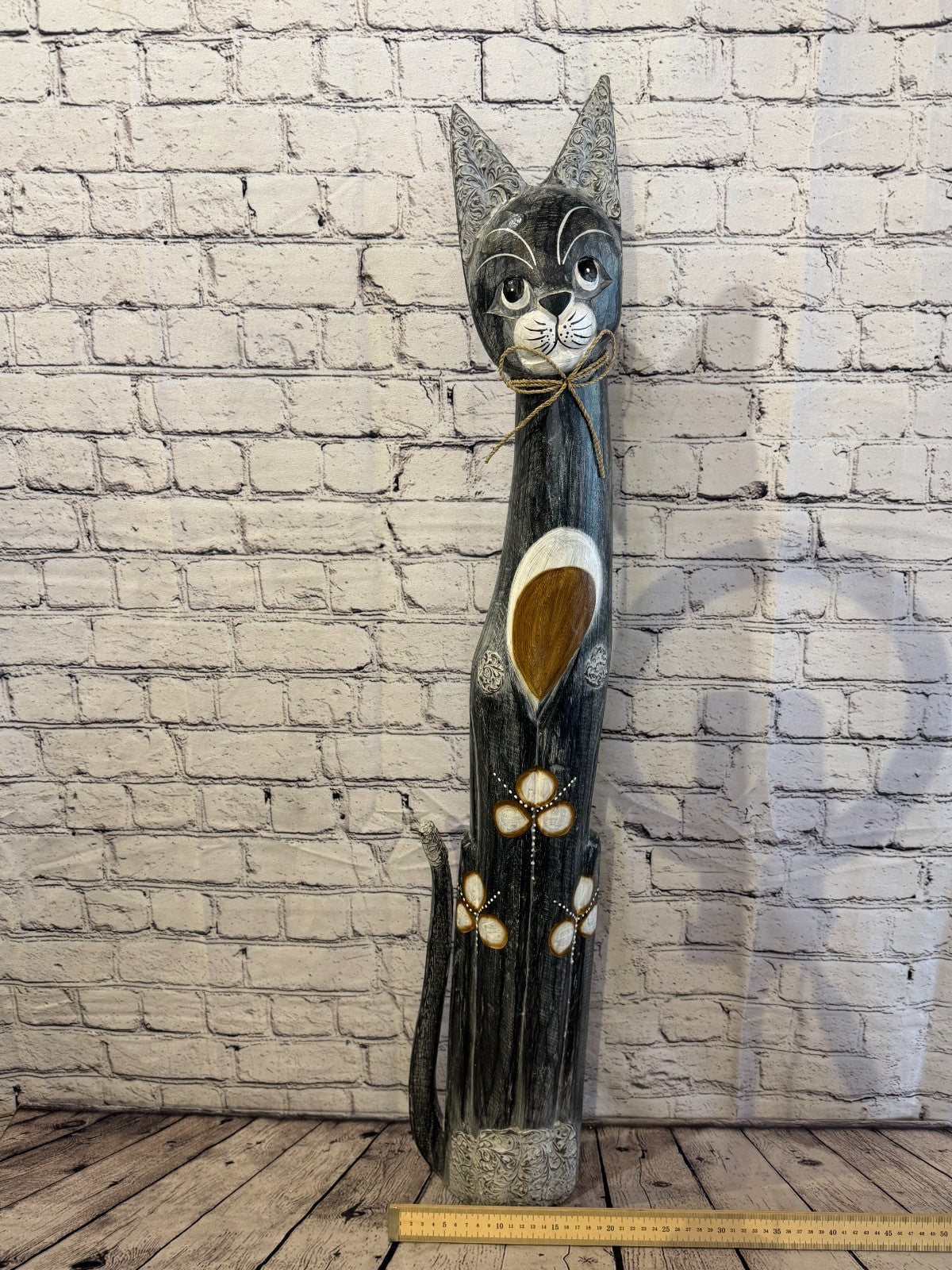 100cm Grey Silver Dots Wooden Shabby Cat Statue Ornament Fair Trade Handcarved6