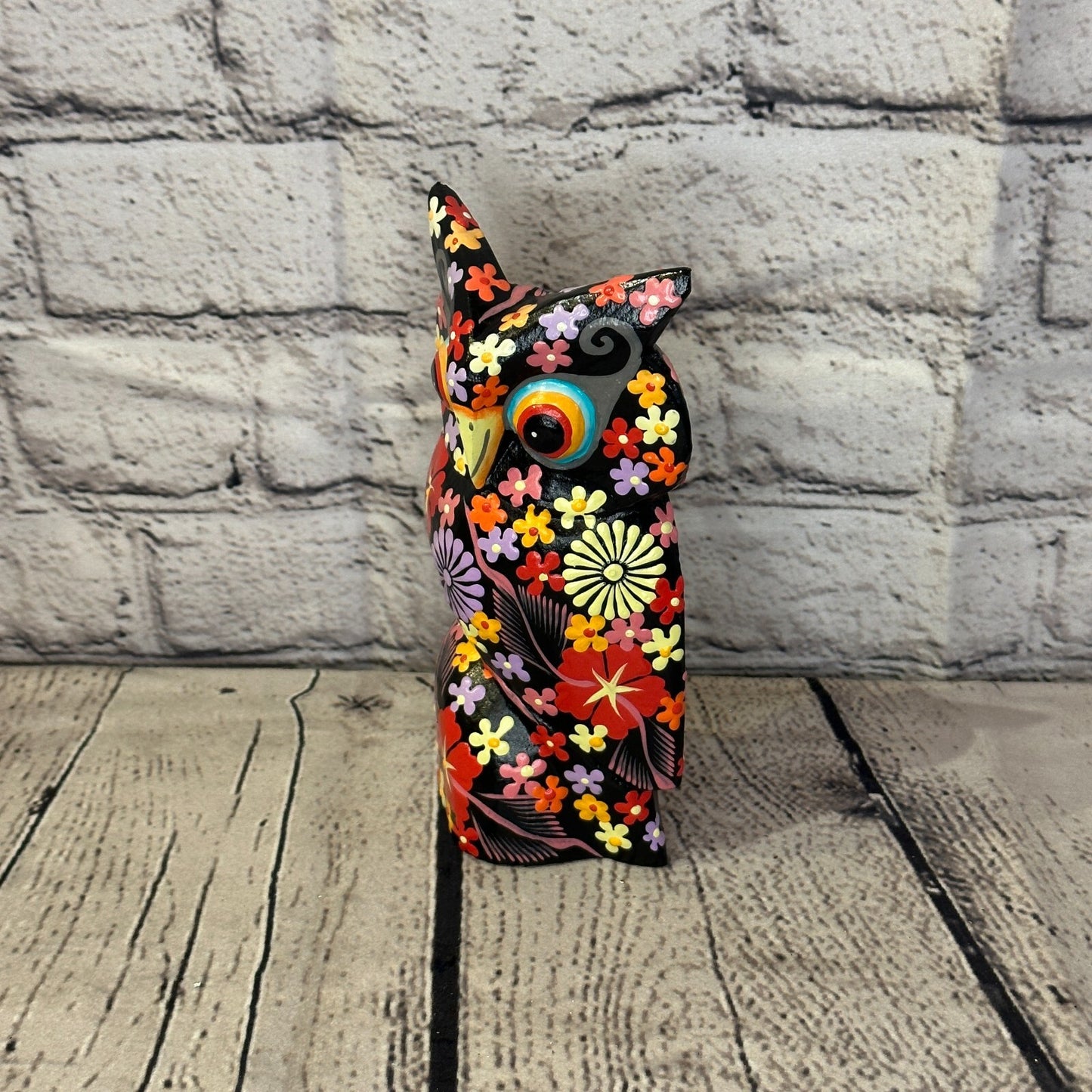 Black Medium Wooden Owl With Flower Pattern 15cm x 8cm Handmade and Fairtrade1