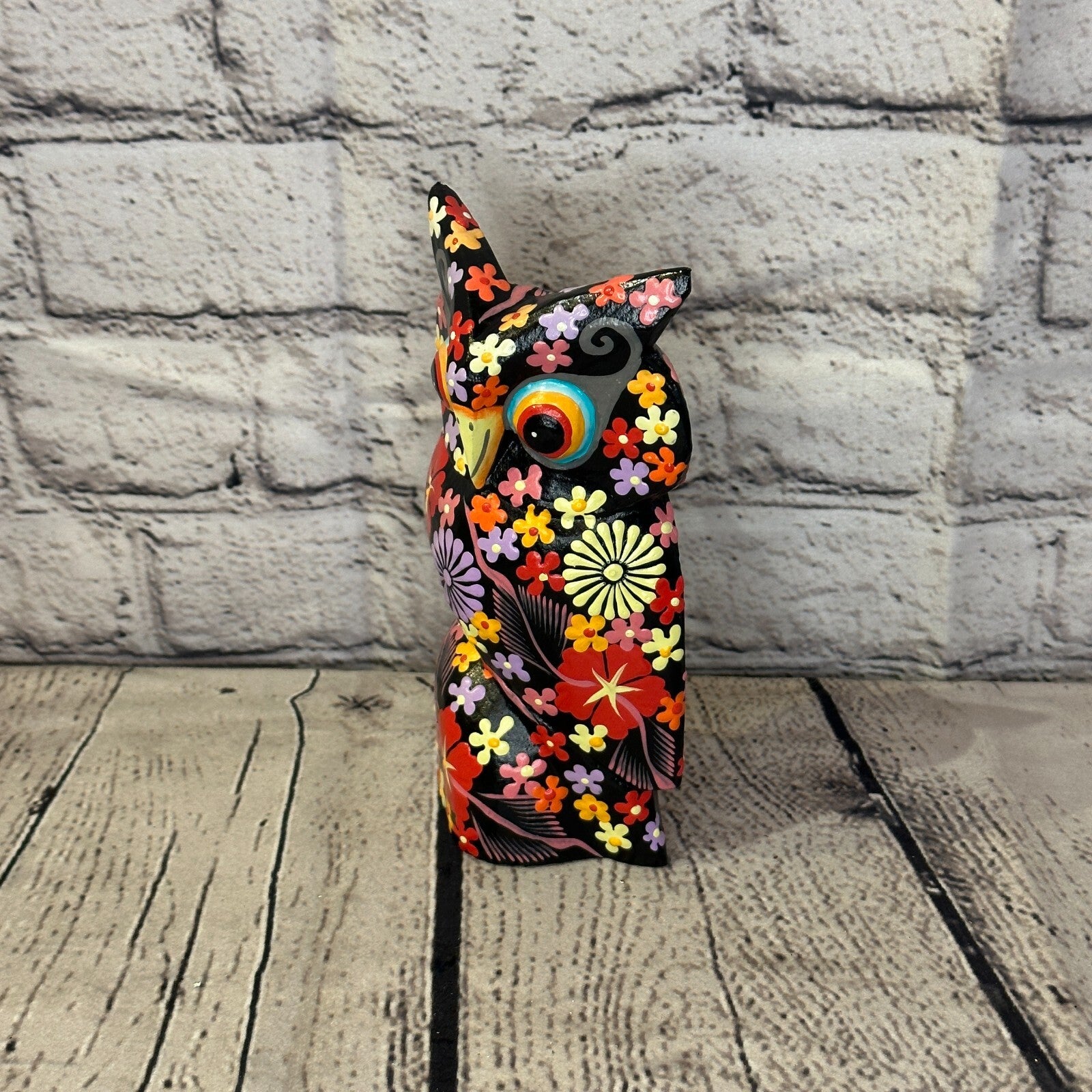 Black Medium Wooden Owl With Flower Pattern 15cm x 8cm Handmade and Fairtrade1