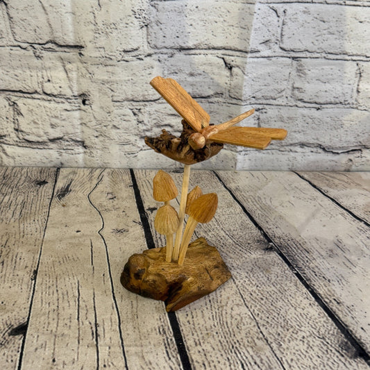 Dragonfly Mushroom Stand Parasite Wood Ornament Natural Carving Wooden Standing0