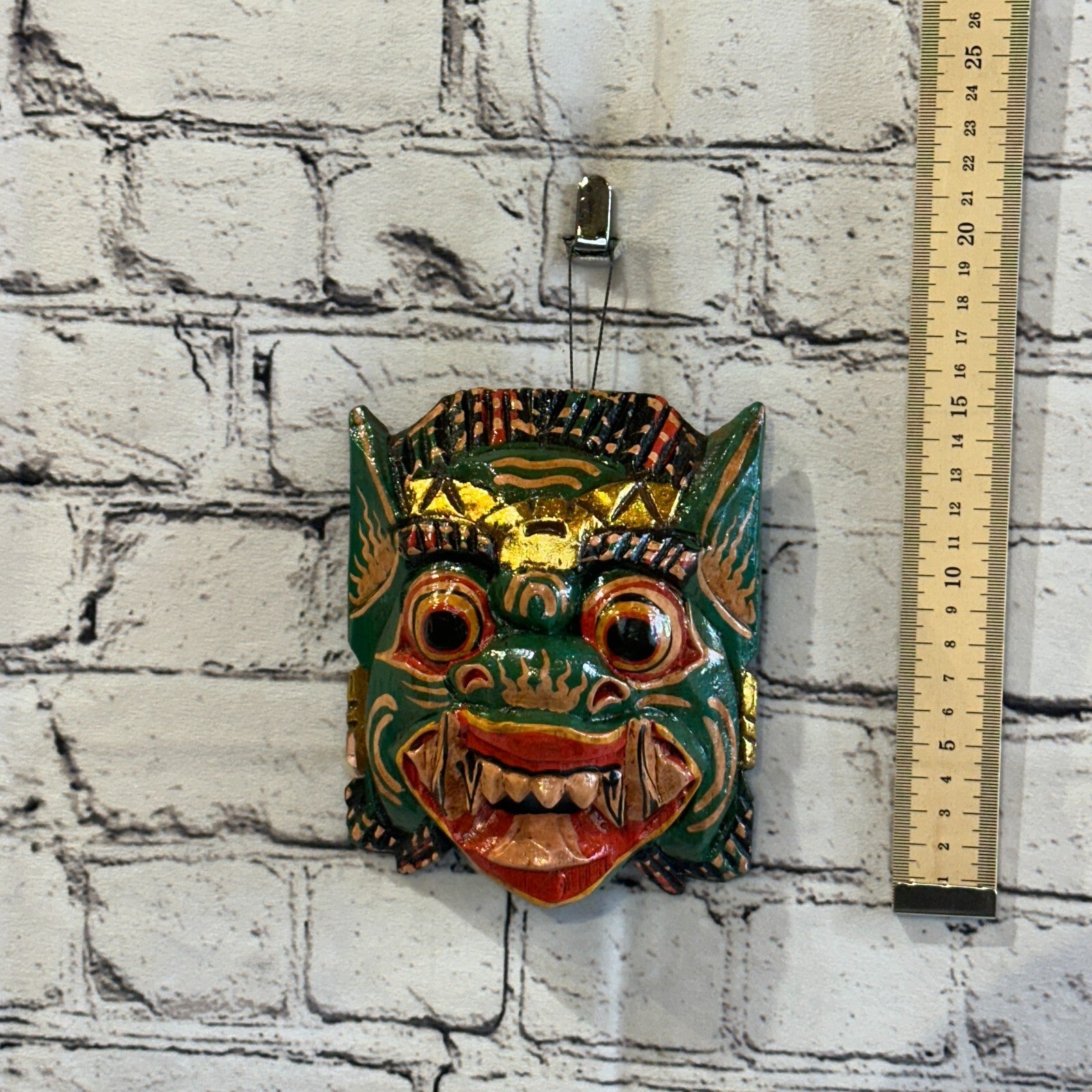 Small Wooden Green Barong Wall Mask 15cm x 12cm Handmade And Fairtrade Hindu3