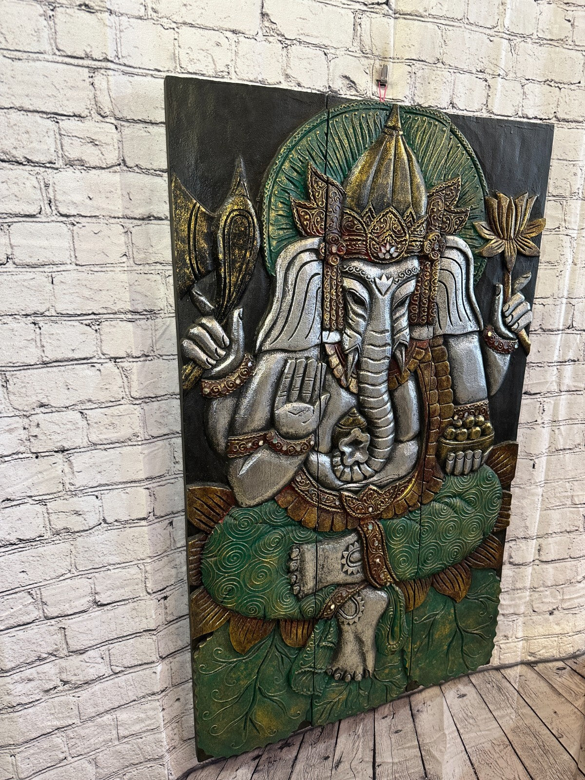 100cm x 60cm Ganesh Colourful Panel Wooden Wood Panel Wall Art Plaque Handcarved6