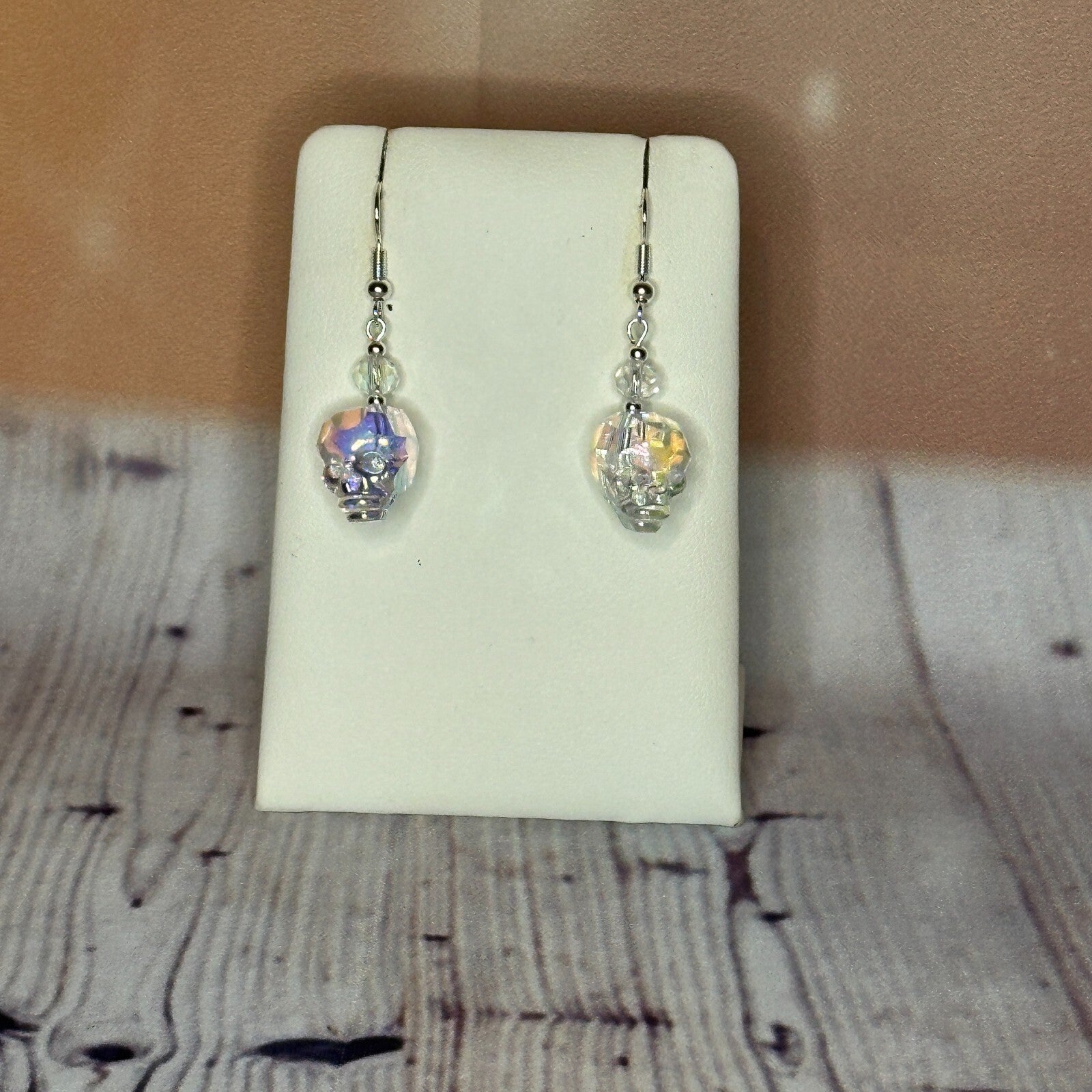 White Crystal And Skull Shaped Dangle Drop Earrings Handmade UK Jewellery0