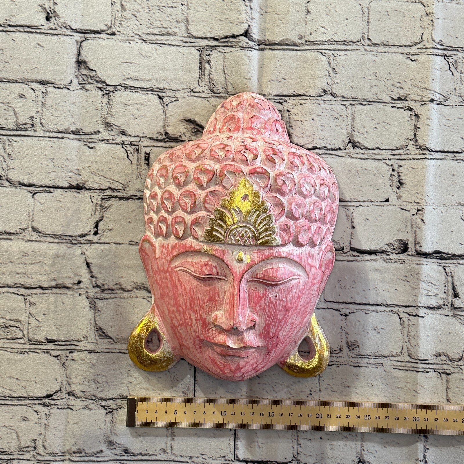30cm x 20cm Pink Buddha Head Mask Wooden Hanging Statue Figurine Ornament4