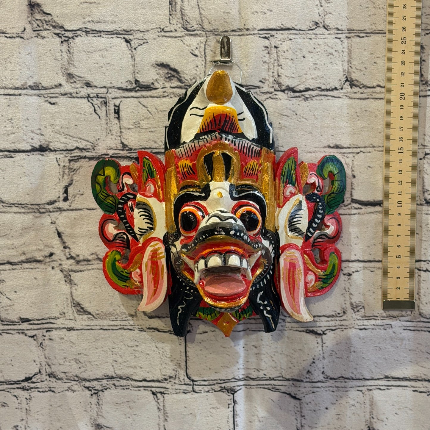 25cm Barong Crown White Demon Dragon Hindu Deity Wooden Hand Carved Mask Painted5