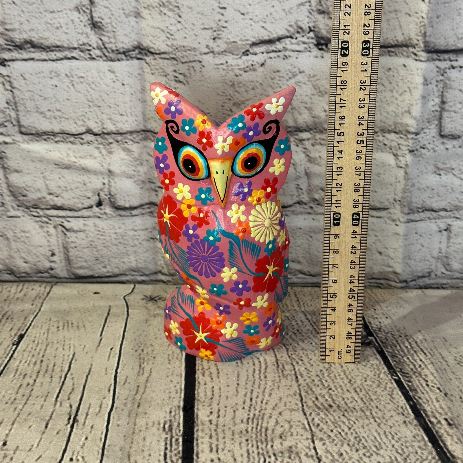 Pink Medium Wooden Owl With Flower Pattern 15cm x 8cm Handmade and Fairtrade5