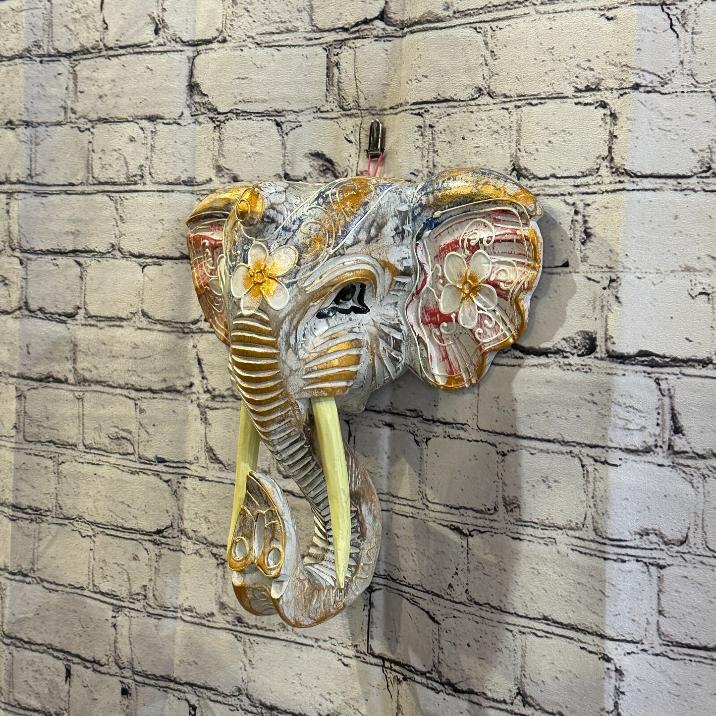 30cm x 30cm Pink Flower Painted Wood Elephant Head Wall Mounted Art Shabby1