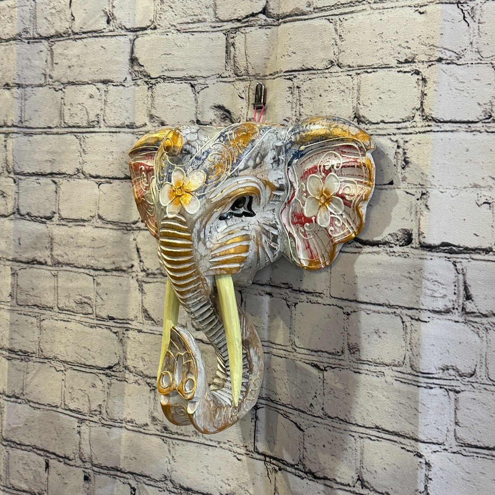 30cm x 30cm Pink Flower Painted Wood Elephant Head Wall Mounted Art Shabby1