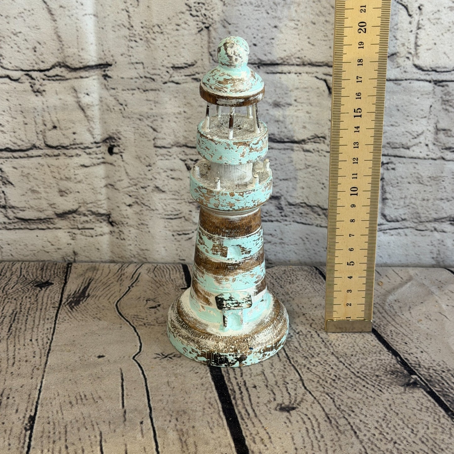 20cm Green White Wooden Lighthouse Detailed Ornament Nautical Coastal Sculpture3