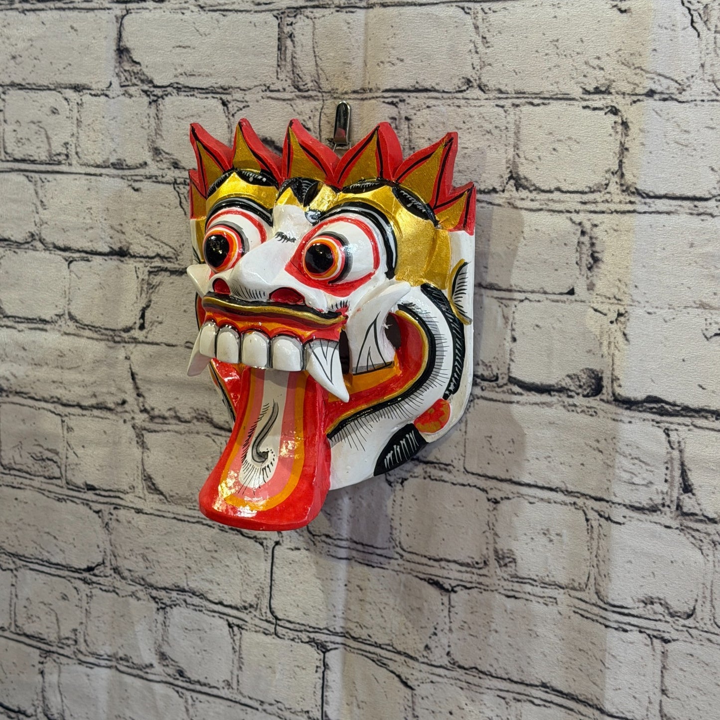25cm Rangda Demon White Dragon Hindu Deity Wooden Hand Carved Mask Painted1