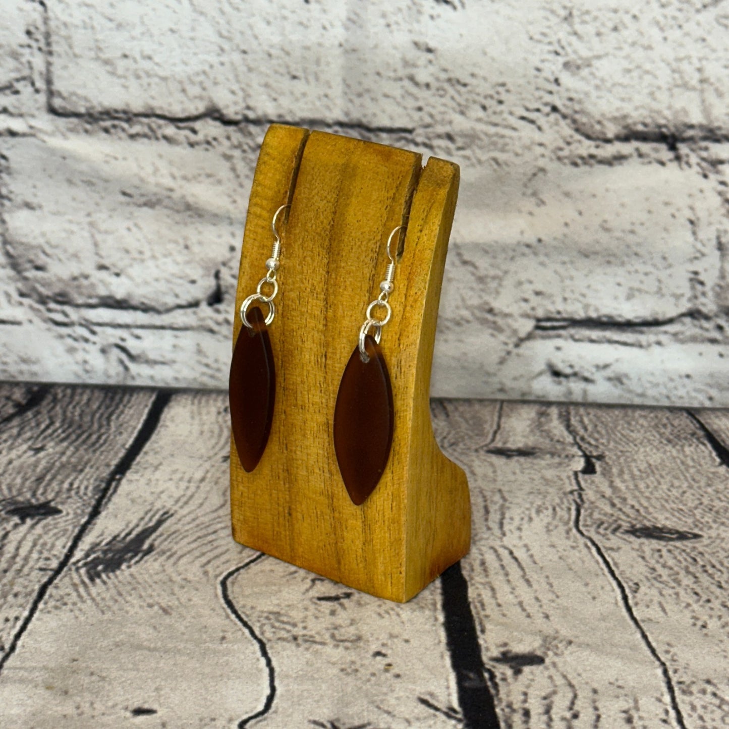 Brown Recycled Oval With Silver Plate Dangle Drop Earrings Handmade UK Jewellery1