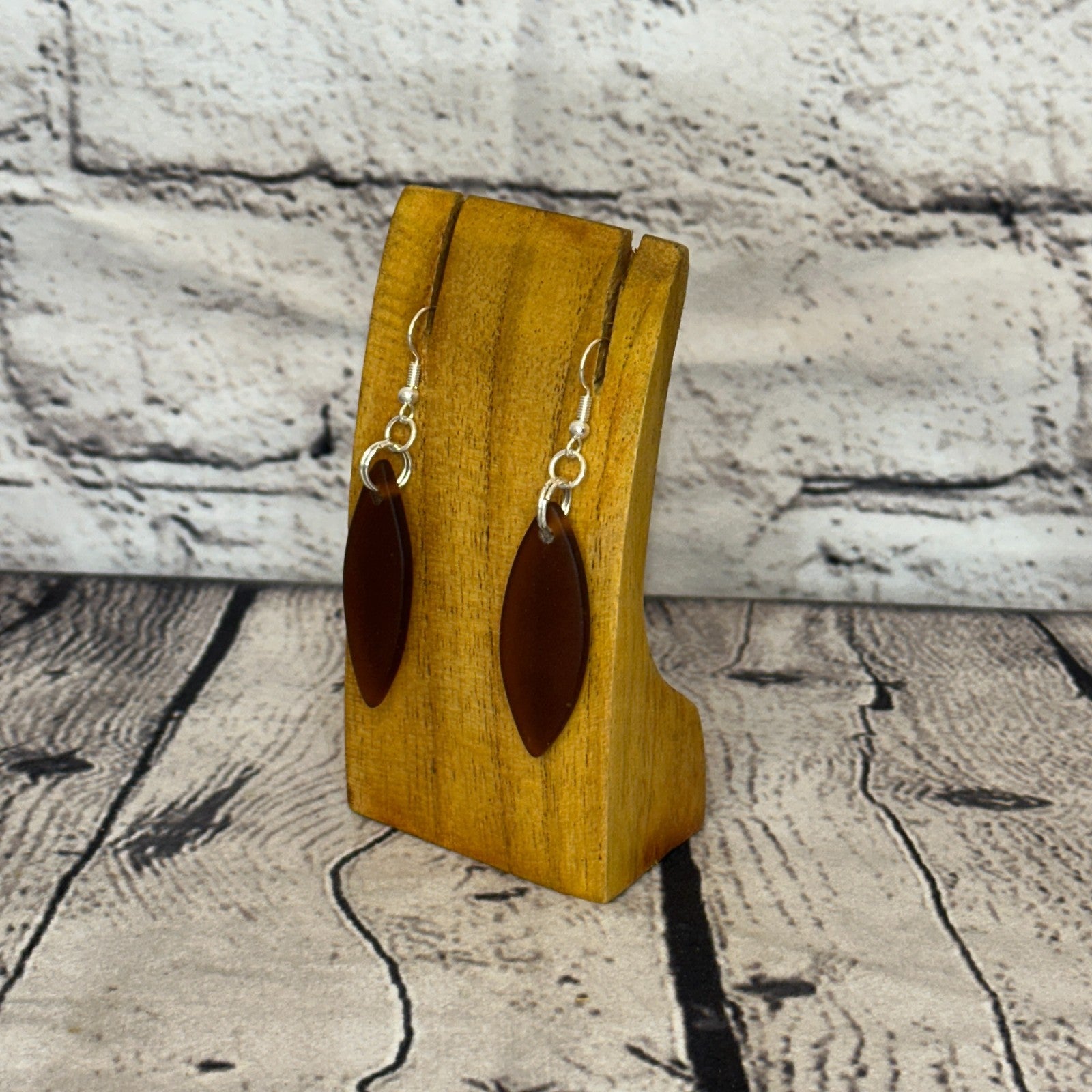 Brown Recycled Oval With Silver Plate Dangle Drop Earrings Handmade UK Jewellery1