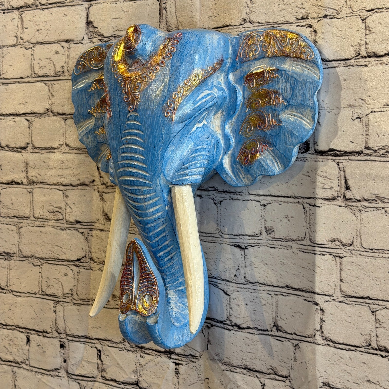 40cm x 40cm Blue Gold Painted Wood Elephant Head Wall Mounted Art Shabby1