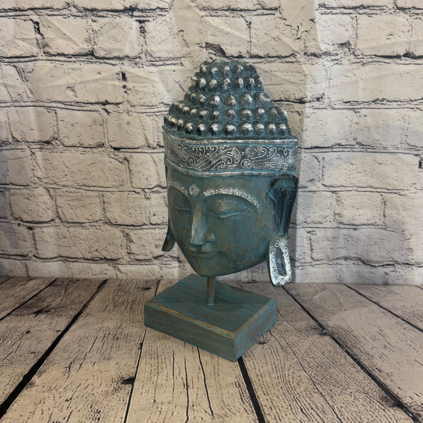 35cm x 25cm Blue Head Buddha Ornament Sculpture Statue Buddhas Hand Carved Wood0