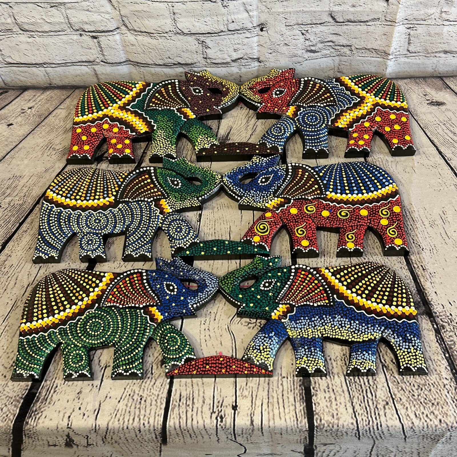 45cm 2 Elephants Carved Wooden Dot Painted Ethnic Tribal Tiki Wall Handmade No 16