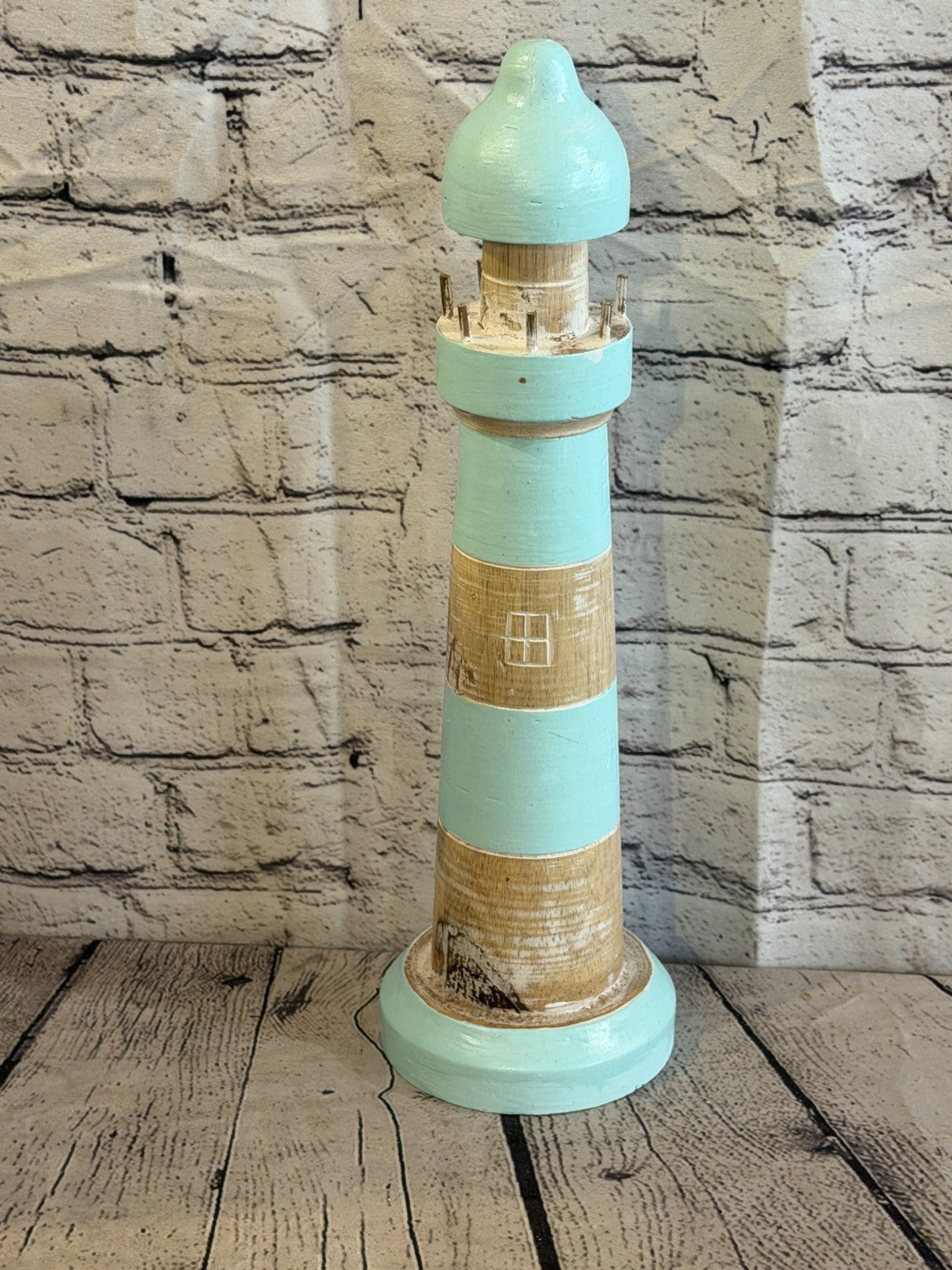 40cm Green White Wooden Lighthouse Ornament Nautical Coastal Sculpture Statue2