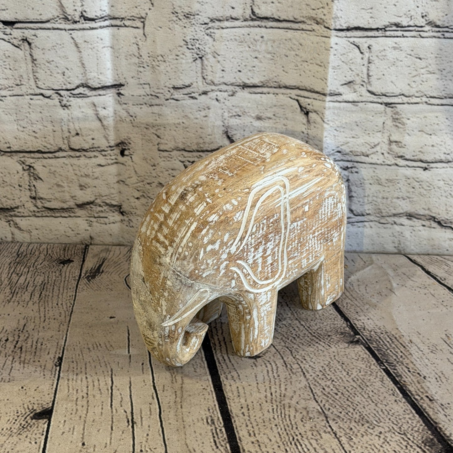 15cm x 20cm White Wood Wooden Standing Elephant Hand Carved Painted Statue0