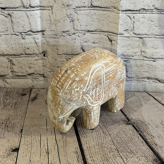 15cm x 20cm White Wood Wooden Standing Elephant Hand Carved Painted Statue0