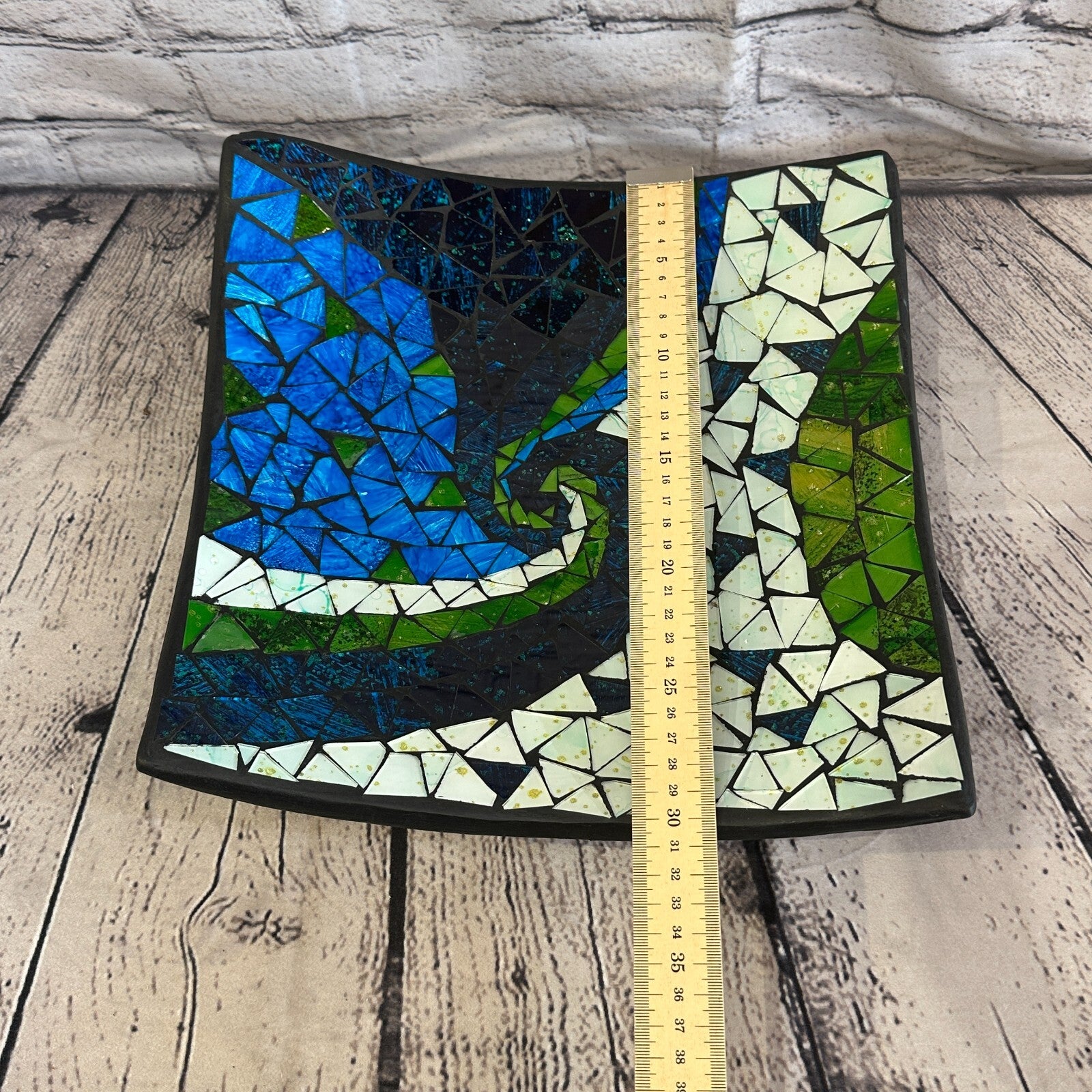 30cm Blue Green Swirl Square Mosaic Handmade Ceramic Glass Tile Bowl Fruit2
