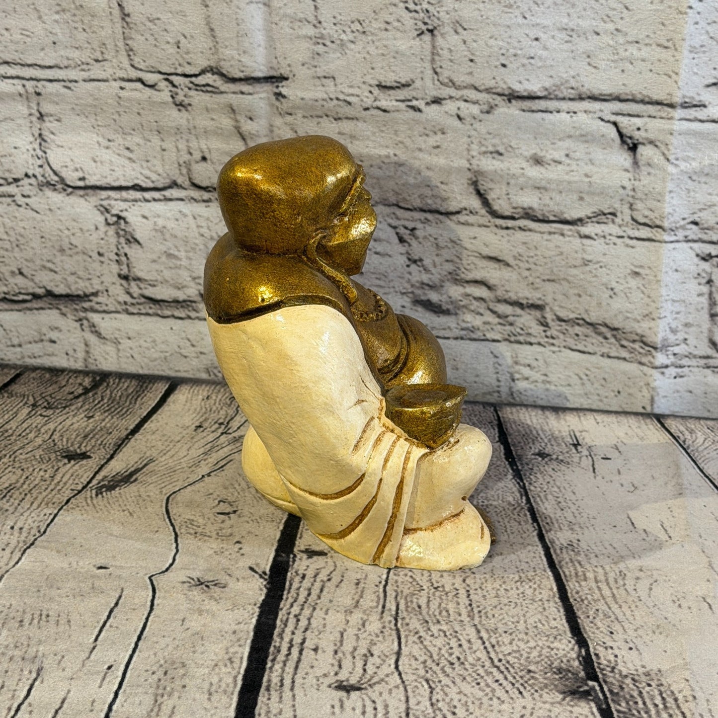 Cream & Bronze 15cm x 15cm Large Chinese Buddha Sitting On Lotus Statue Resin3