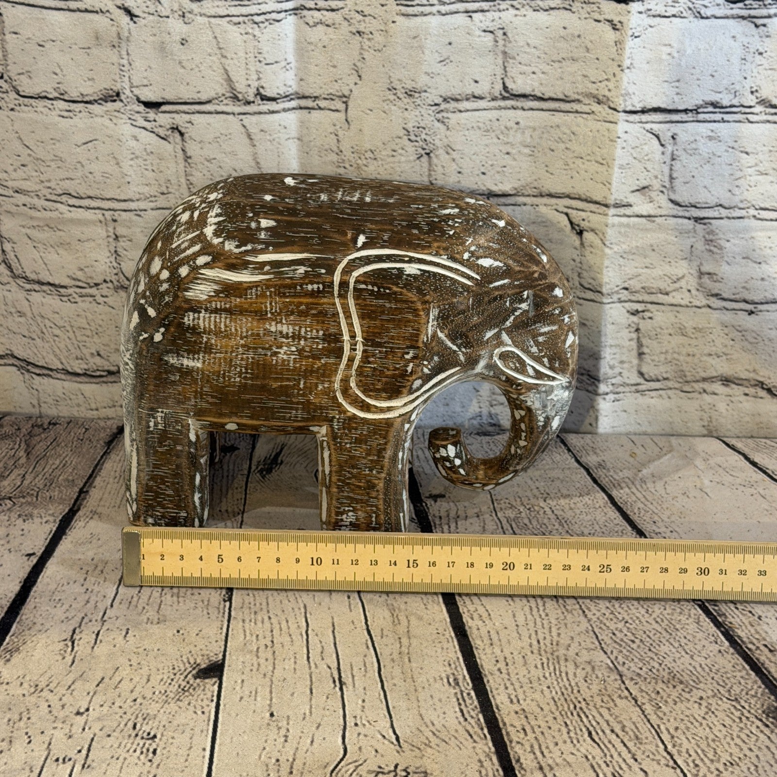 20cm x 25cm Brown Wood Wooden Standing Elephant Hand Carved Painted Statue7