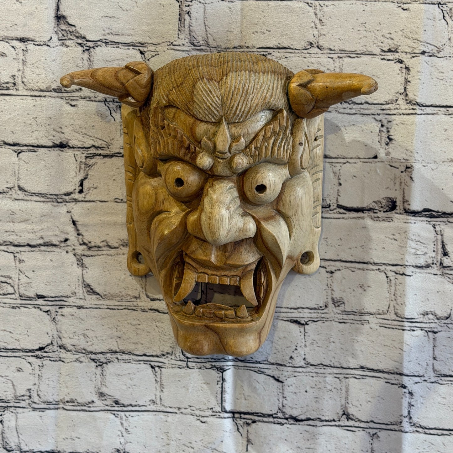 30cm x 25cm Wooden Japan Oni Mask Wall Art Hibiscus Wood Hand Carved Fair Trade2