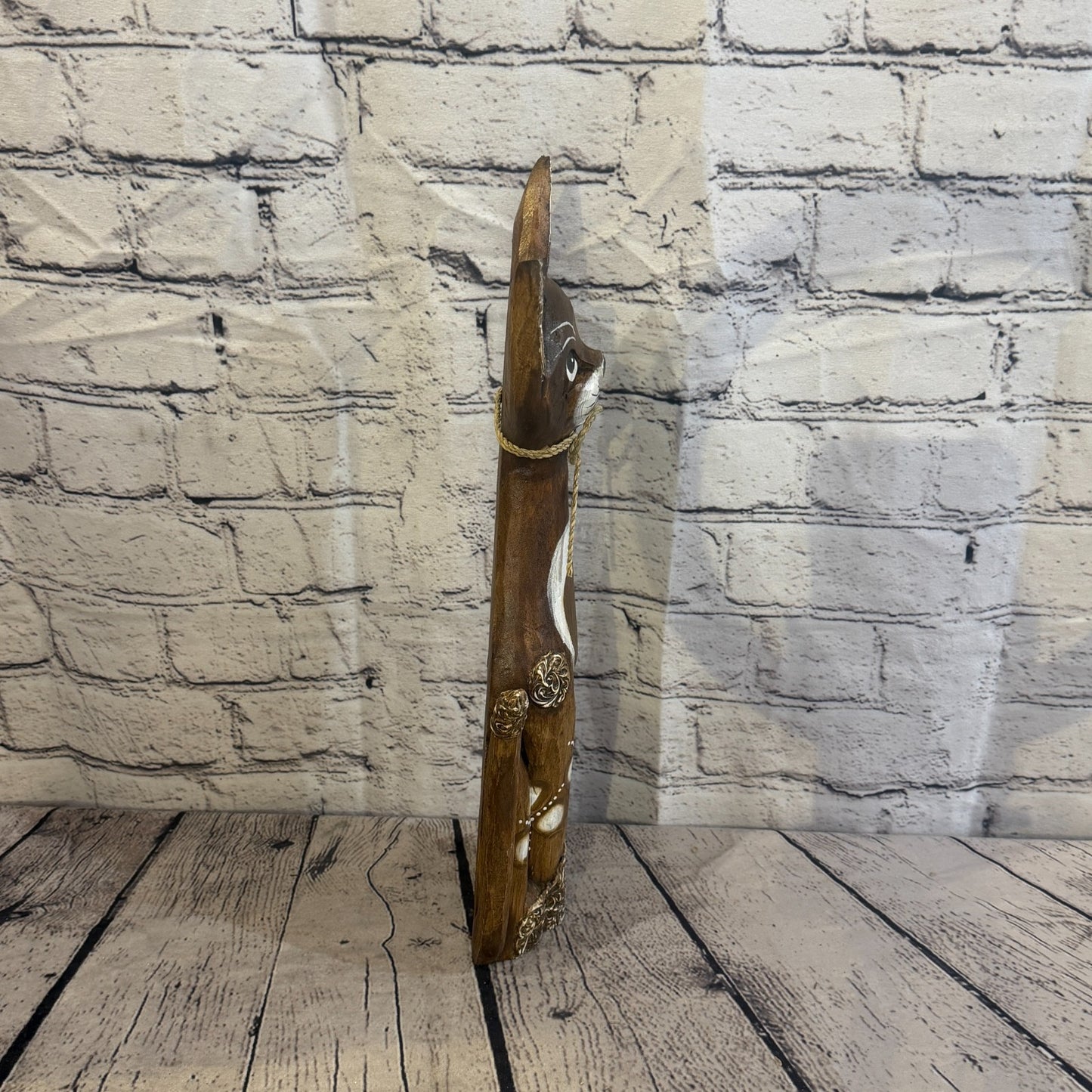 40cm Brown Silver Dots Wooden Shabby Cat Statue Ornament Fair Trade Handcarved3