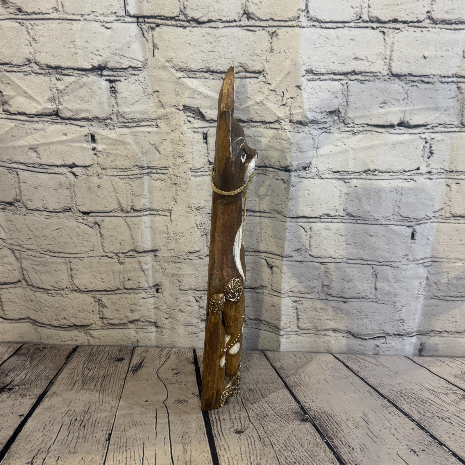 40cm Brown Silver Dots Wooden Shabby Cat Statue Ornament Fair Trade Handcarved3