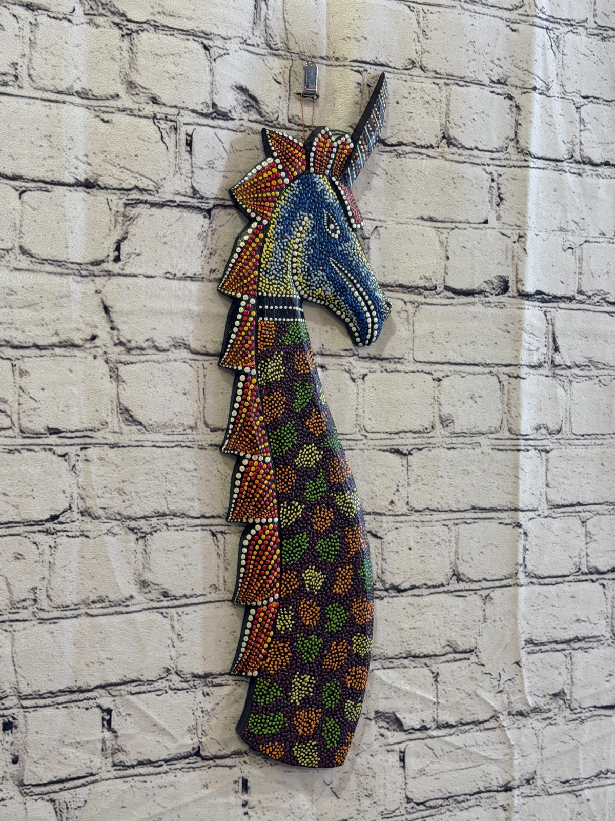 45cm Unicorn Carved Wooden Dot Painted Ethnic Tribal Tiki Wall Art No 40