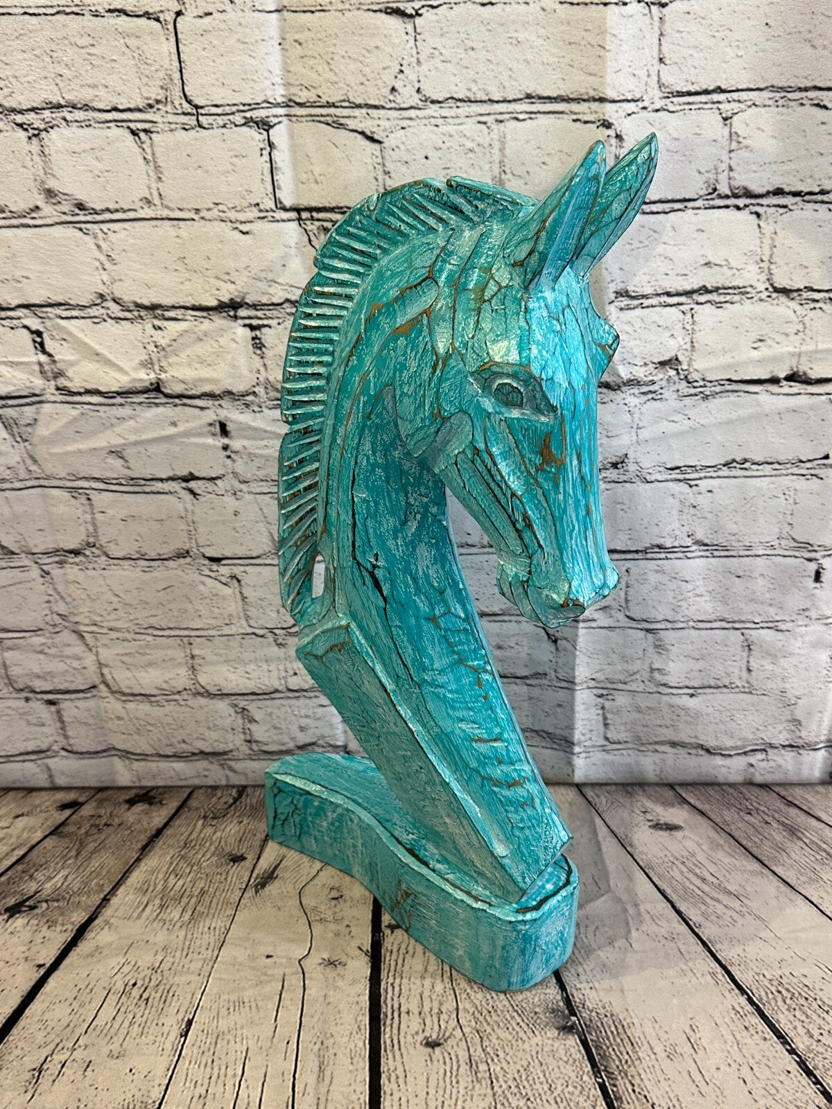 Green Wooden 50cm x 25cm Horse Head Bust Hand Carved Wood Sculpture0