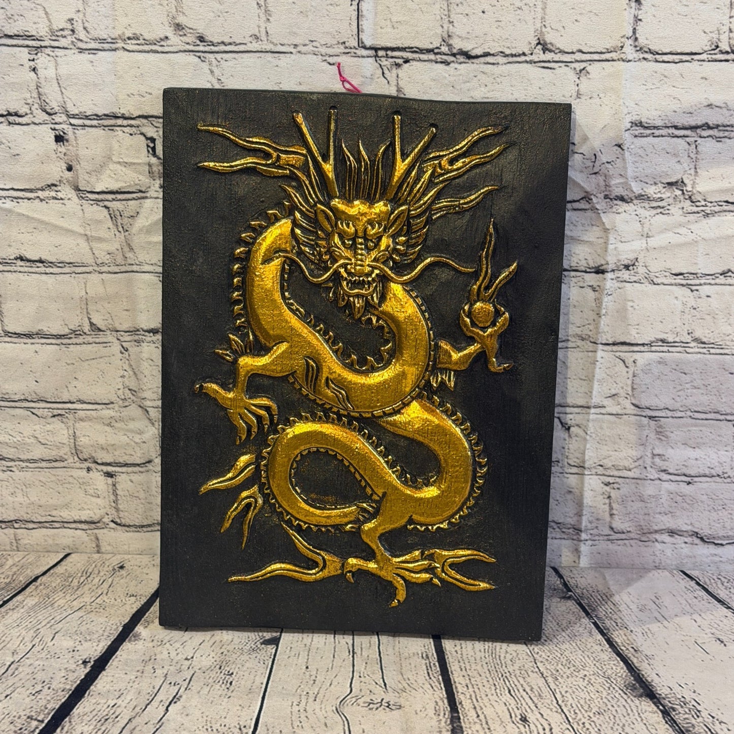 Wooden Wood Panel 40cm Black Gold Chinese Dragon Wall Art Plaque Handcarved5