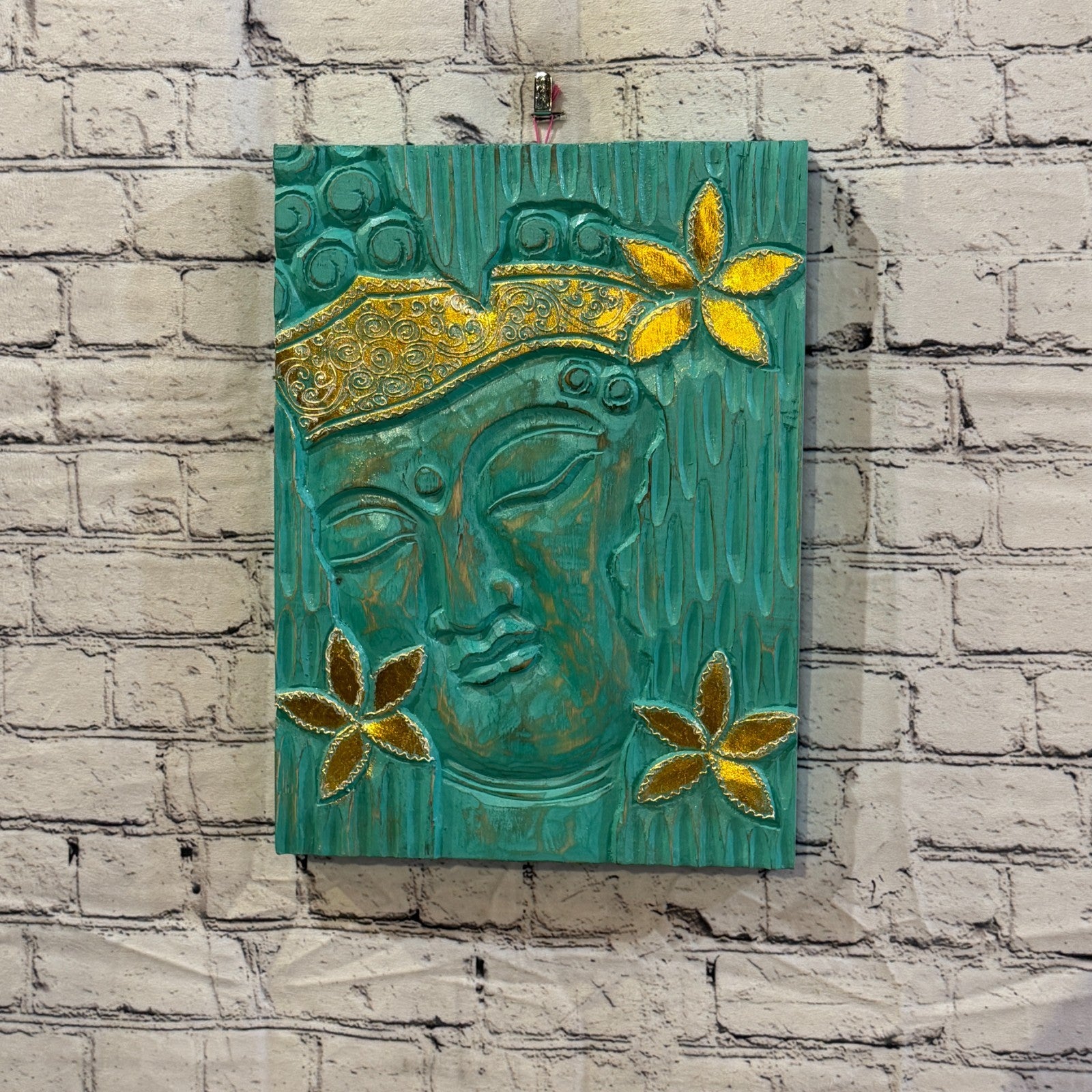 Wooden Wood Panel 40cm Gold Teal Buddha Flower Wall Art Plaque Handcarved2