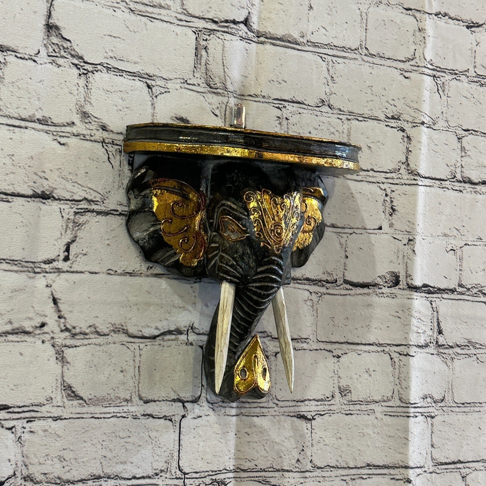 20cm x 20cm Black Gold Shelf Wood Elephant Head Wall Mounted Art Large Shabby0