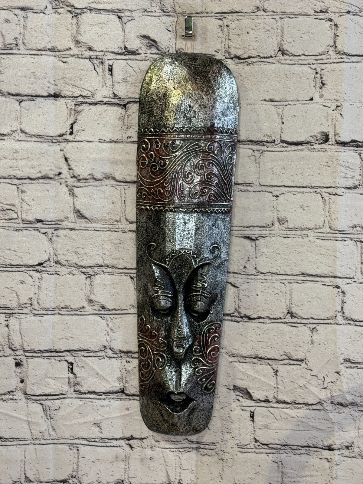 50cm Silver Painted Mask Carved Wooden Brown Work Ethnic Tribal Tiki Wall Art2