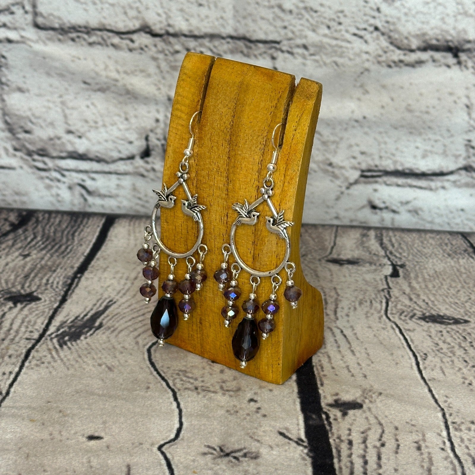 Purple Drop Crystal Bird Dangle Drop Earrings Handmade UK Jewellery1