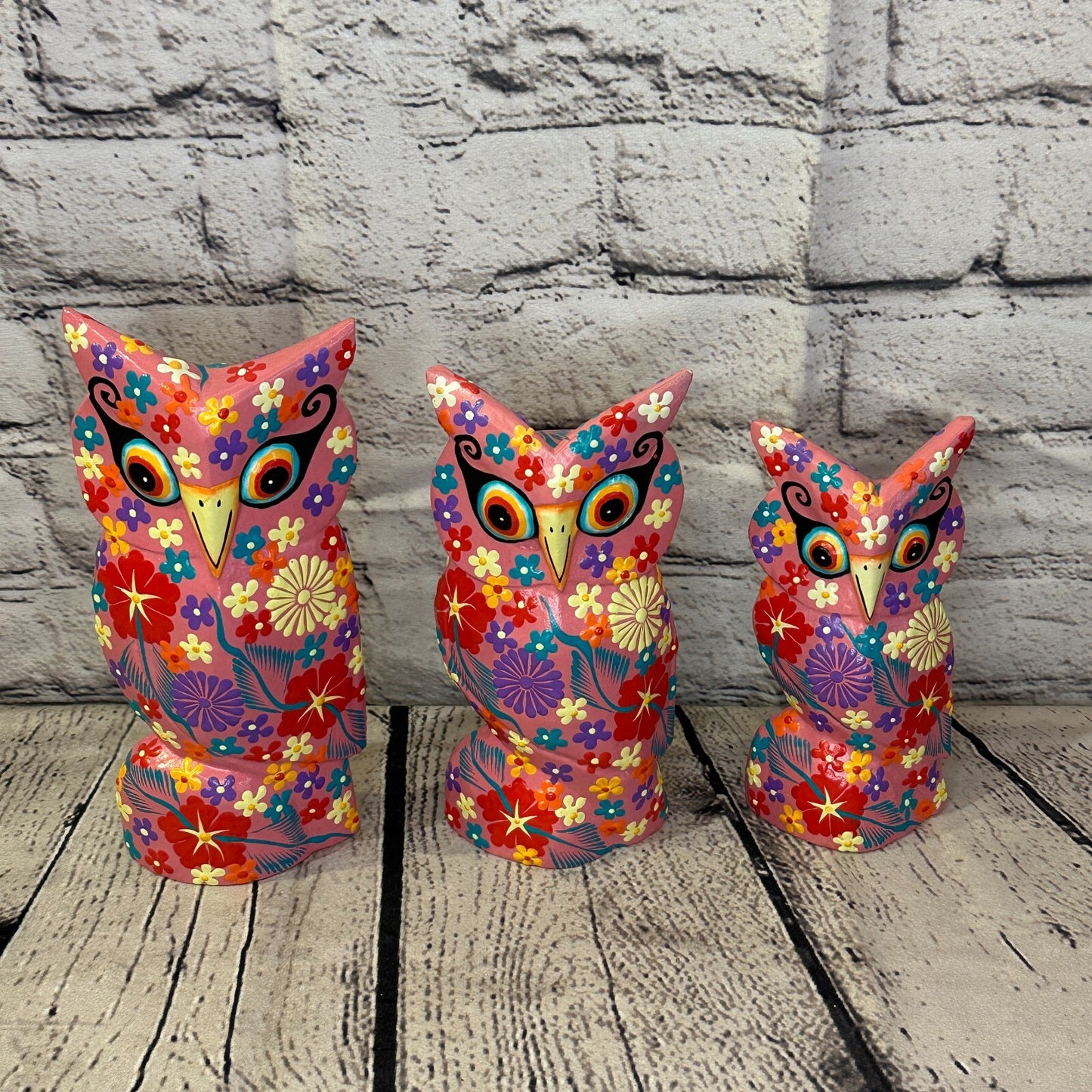 Pink Medium Wooden Owl With Flower Pattern 15cm x 8cm Handmade and Fairtrade8