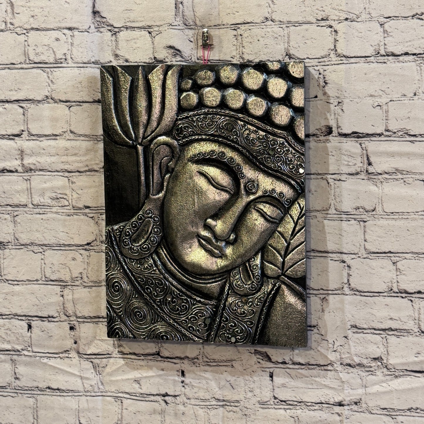 Wooden Wood Panel 40cm Silver Black Buddha Lotus Wall Art Plaque Handcarved2