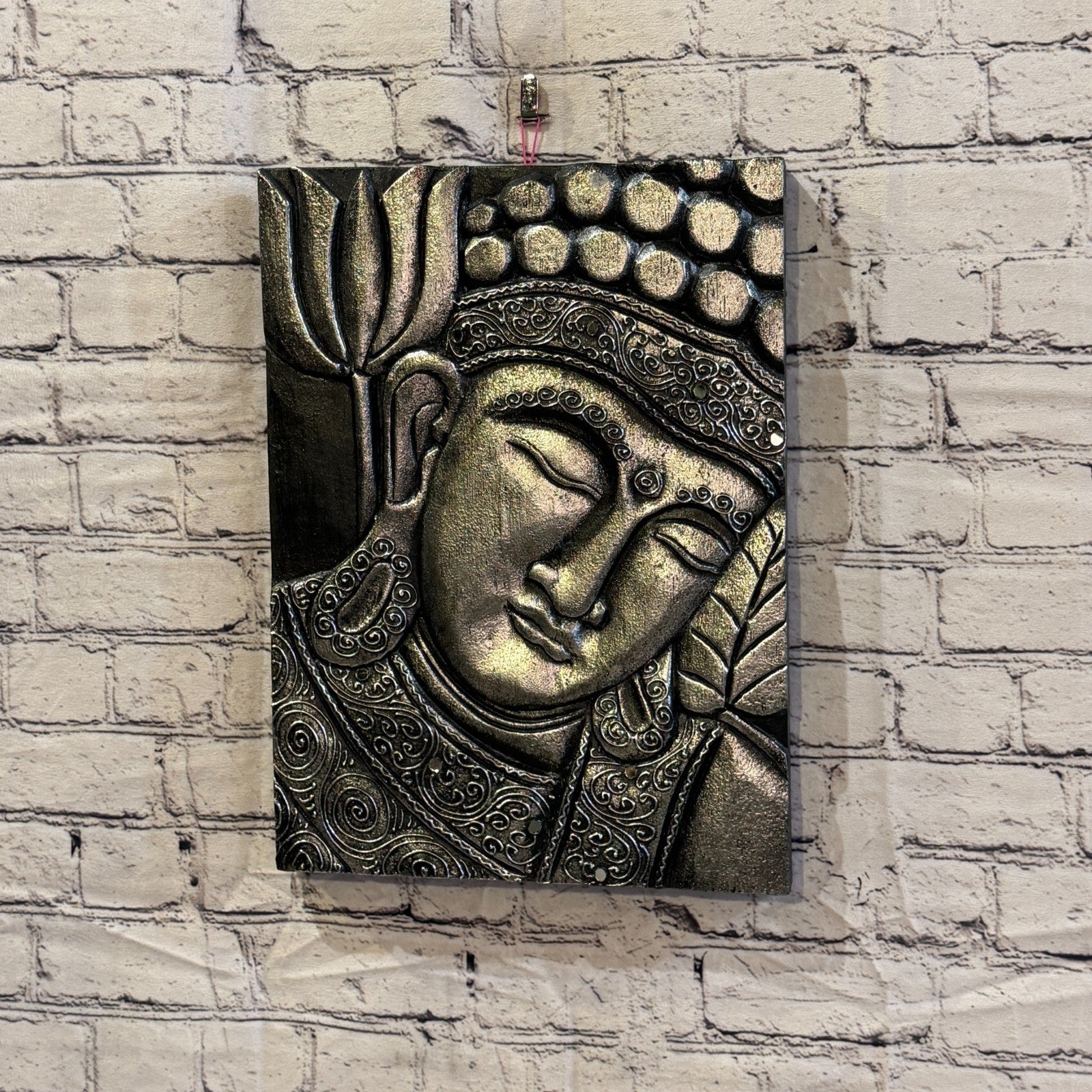 Wooden Wood Panel 40cm Silver Black Buddha Lotus Wall Art Plaque Handcarved2