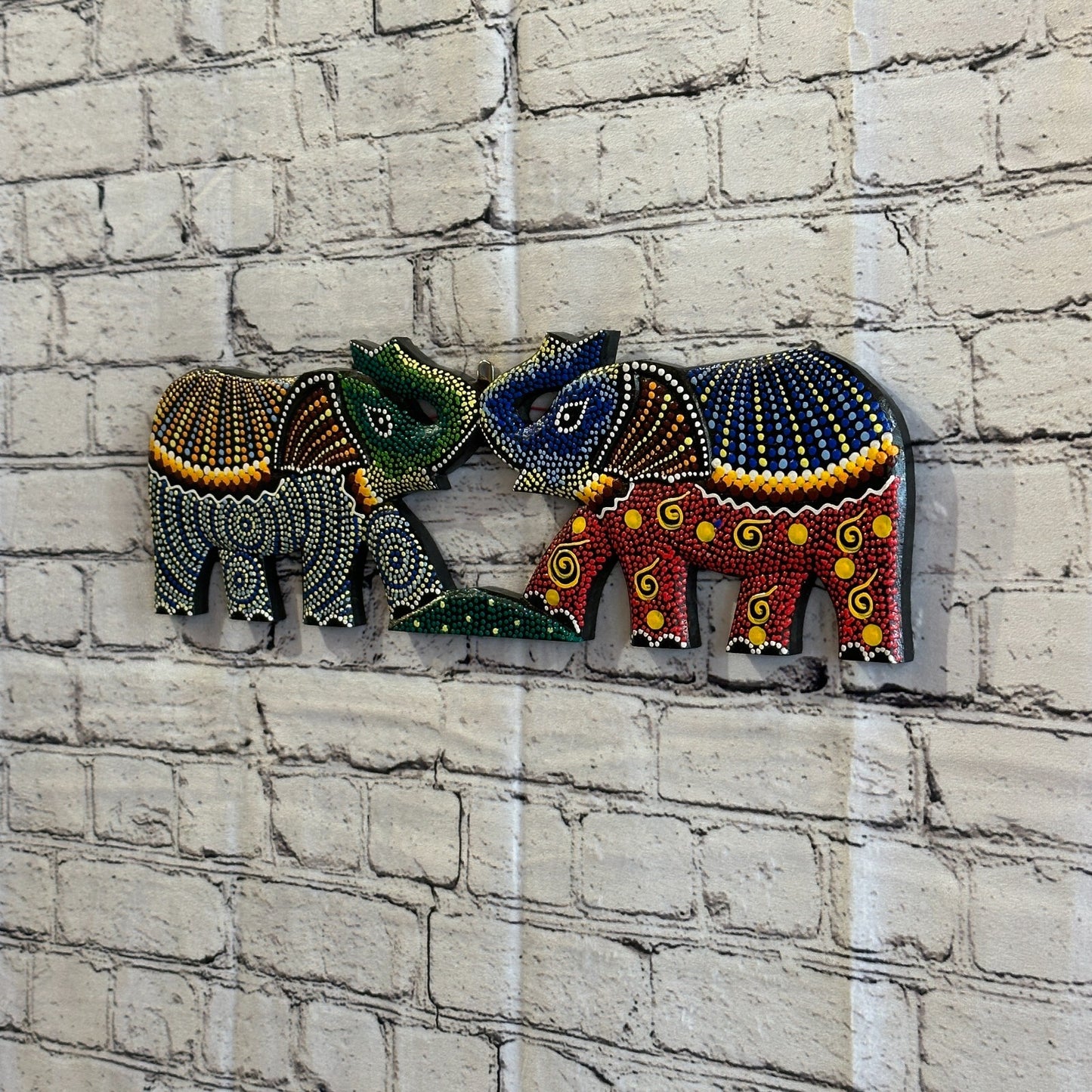 45cm 2 Elephants Carved Wooden Dot Painted Ethnic Tribal Tiki Wall Handmade No 22