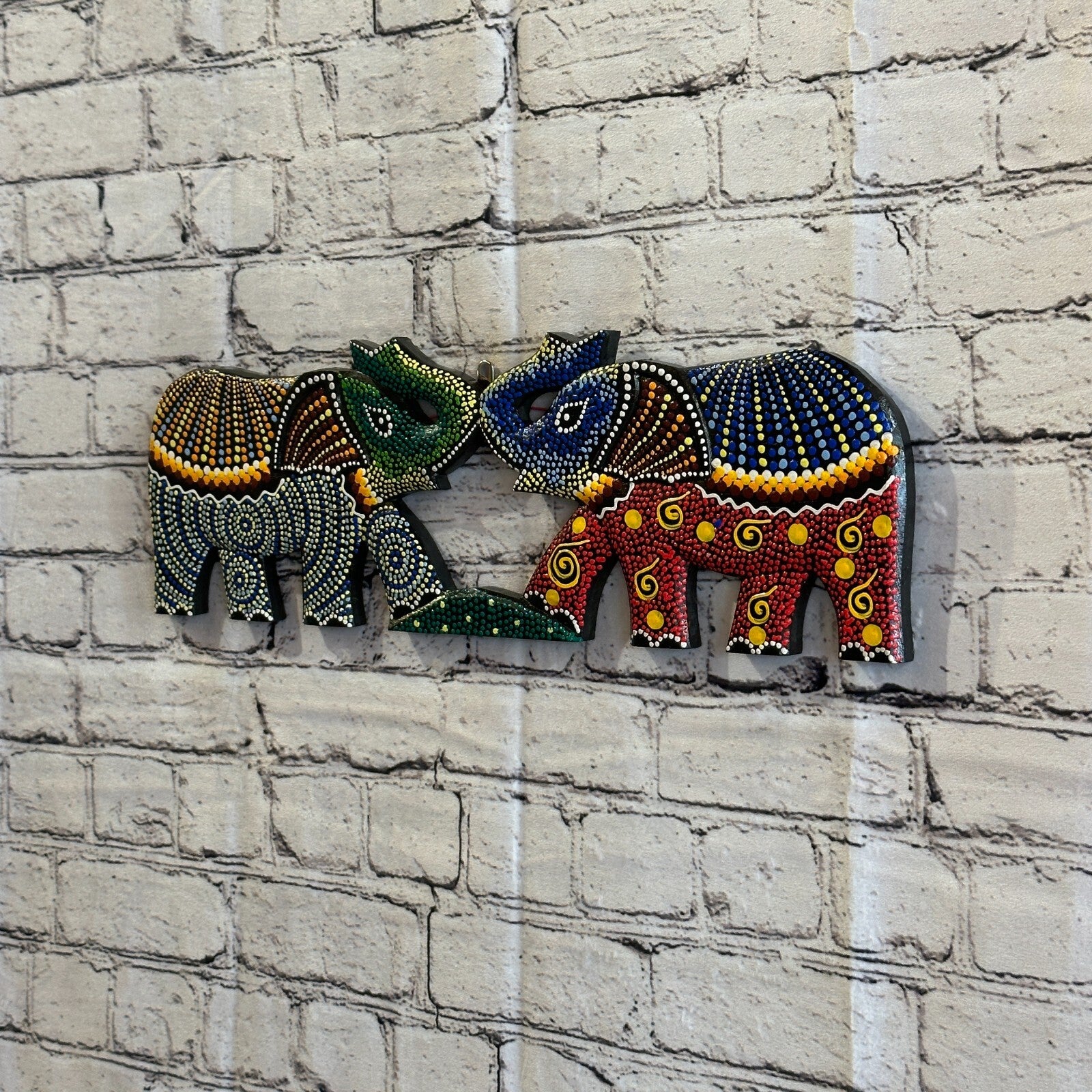 45cm 2 Elephants Carved Wooden Dot Painted Ethnic Tribal Tiki Wall Handmade No 22
