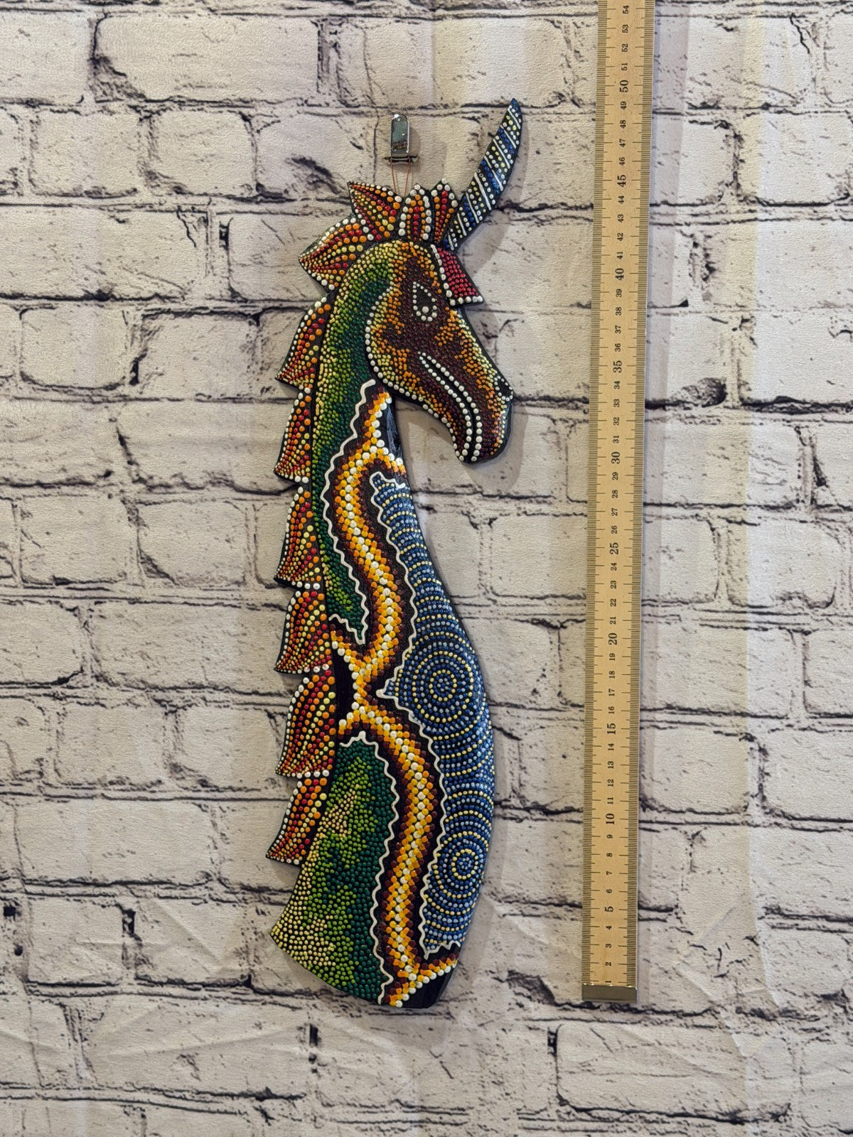 45cm Unicorn Carved Wooden Dot Painted Ethnic Tribal Tiki Wall Art No 34