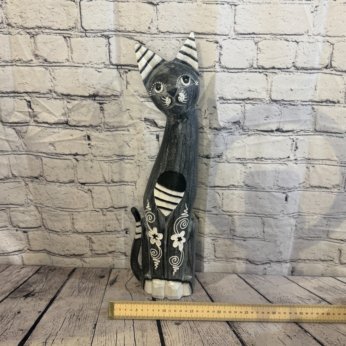 50cm Grey Flower Wooden Shabby Cat Statue Ornament Fair Trade Handcarved6