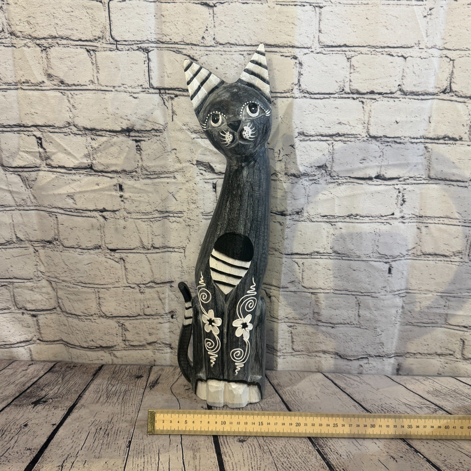 50cm Grey Flower Wooden Shabby Cat Statue Ornament Fair Trade Handcarved6