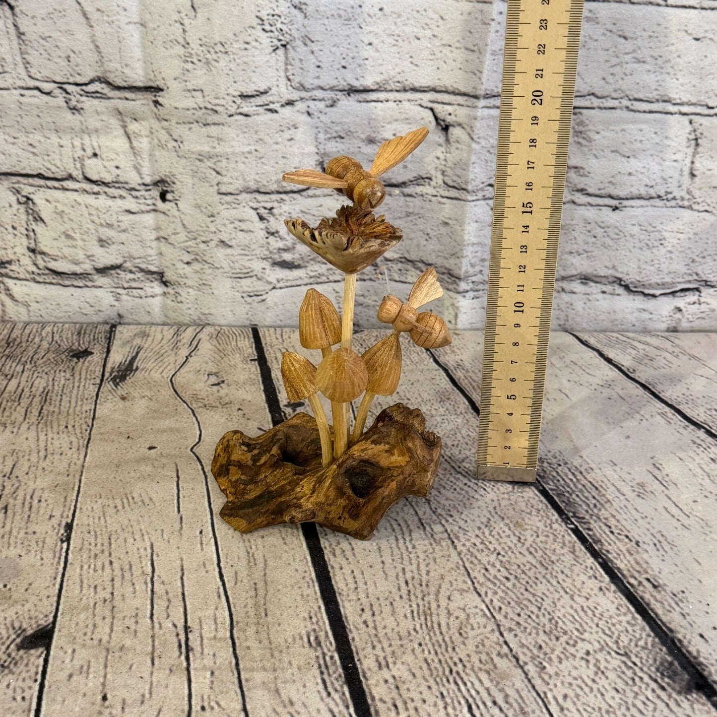 2 Bees On Mushroom Stand Bee Parasite Wood Ornament Natural Carving Wooden5