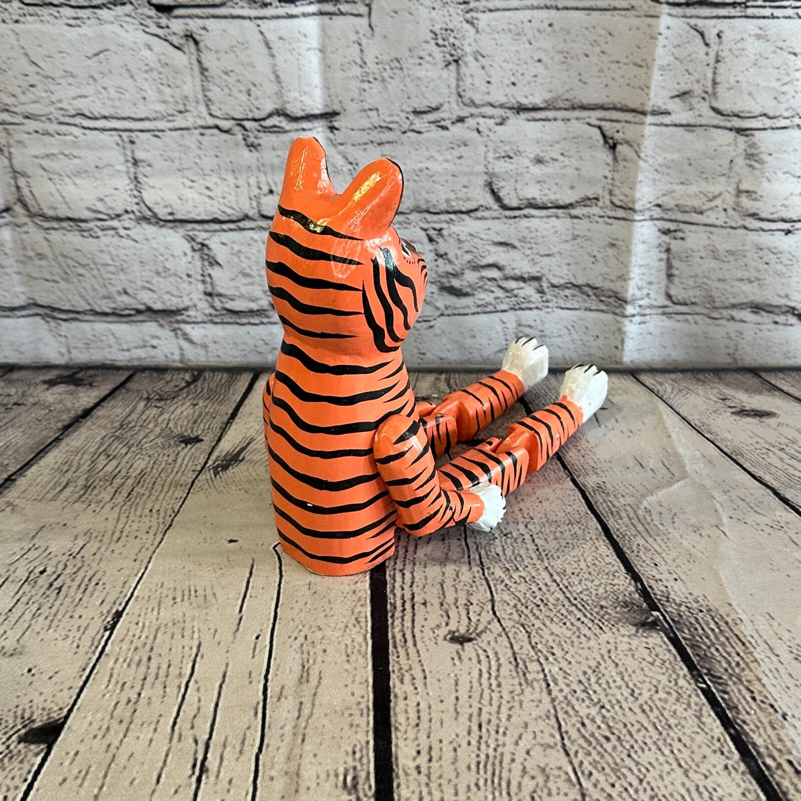 20cm Orange Tiger Sitting Animal, Wooden Shelf Ornament Handmade & Fairtrade5