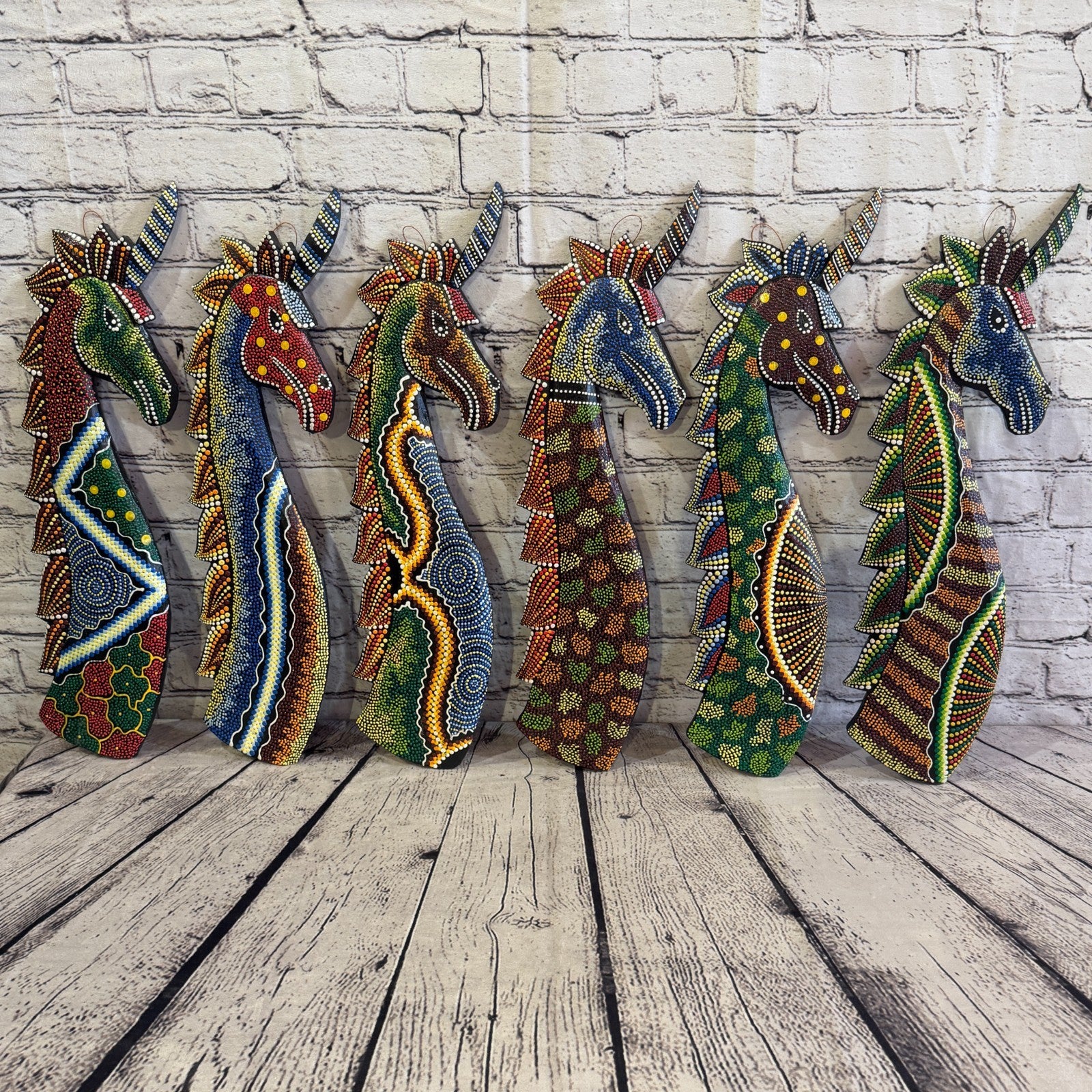 45cm Unicorn Carved Wooden Dot Painted Ethnic Tribal Tiki Wall Art No 56