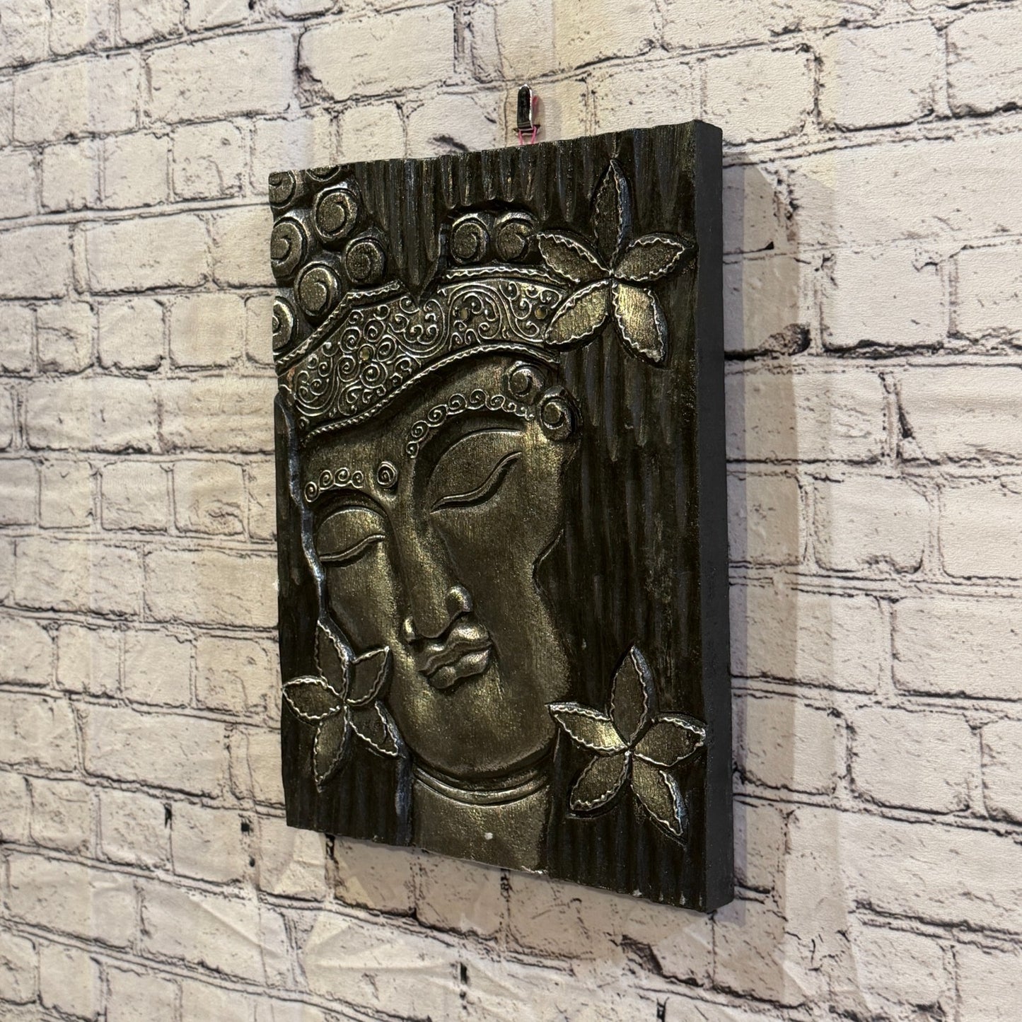 Wooden Wood Panel 40cm Silver Black Buddha Flower Wall Art Plaque Handcarved1